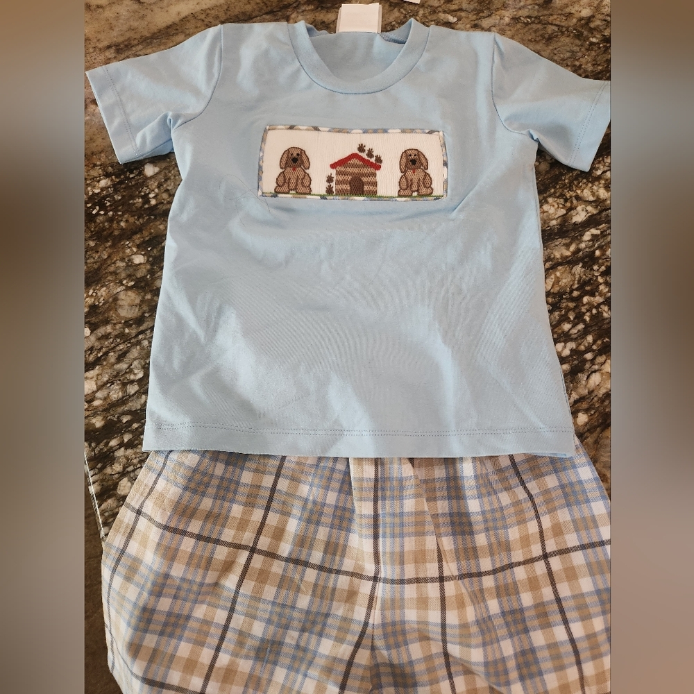 Boutique Blue Dog Graphic Tee and Plaid Shorts Set